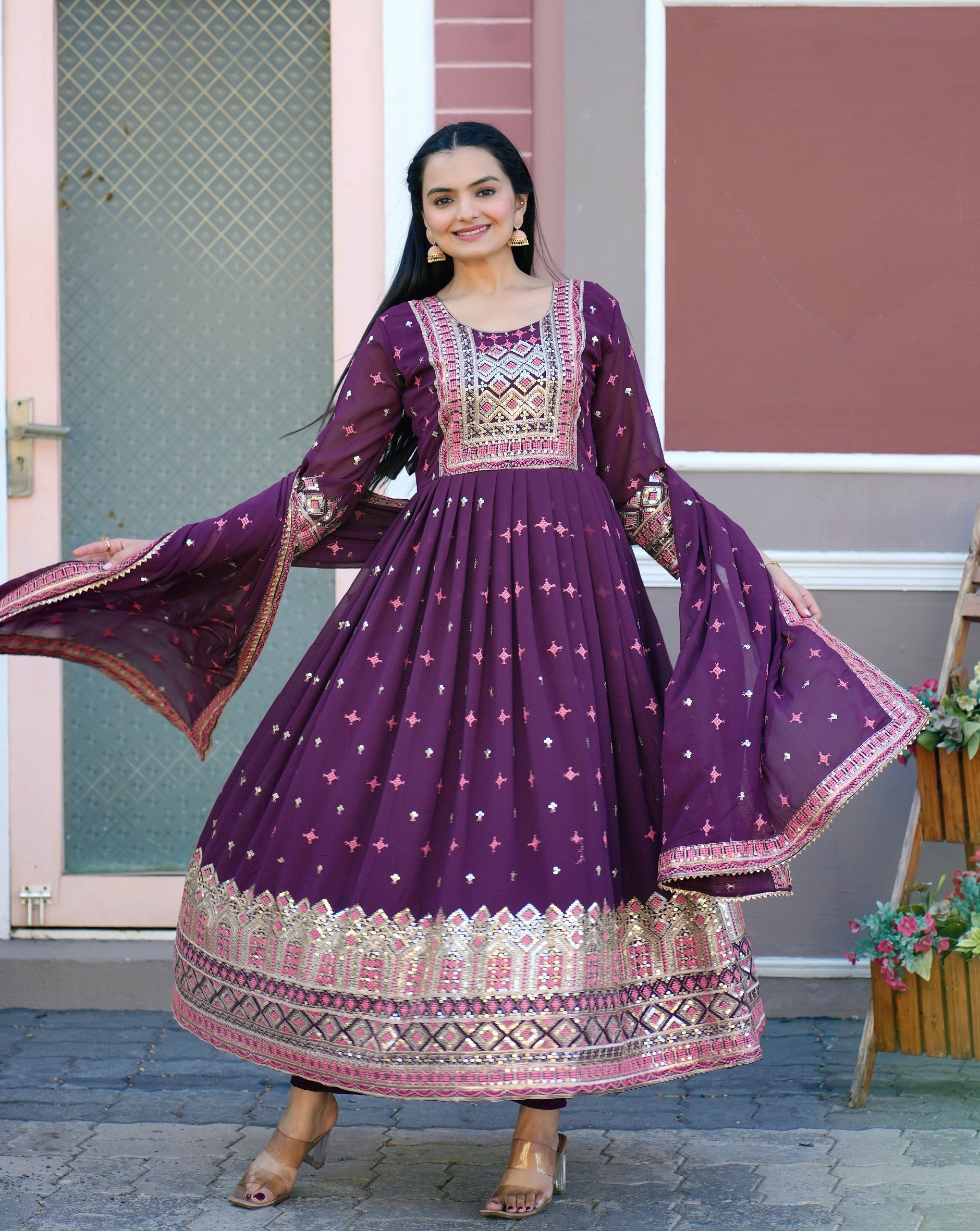 Lehenga Mart Designer Faux Georgette Gown With Sequence Embroidered Work - Purple - Distacart