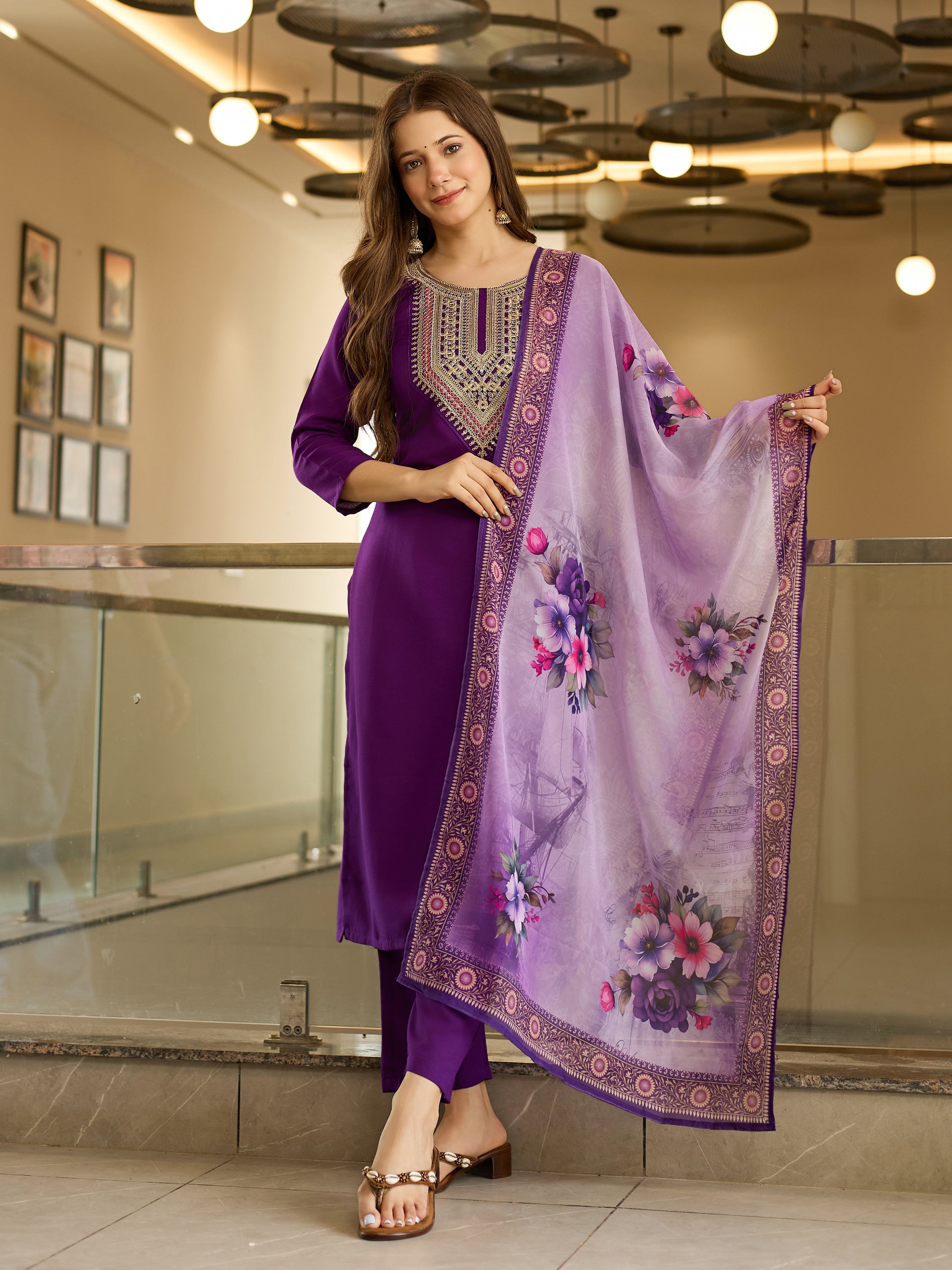The52 Embroidered Rayon Fabric Straight Kurta, Pant and Dupatta Set