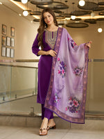 Thumbnail for The52 Embroidered Rayon Fabric Straight Kurta, Pant and Dupatta Set