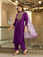Thumbnail for The52 Embroidered Rayon Fabric Straight Kurta, Pant and Dupatta Set