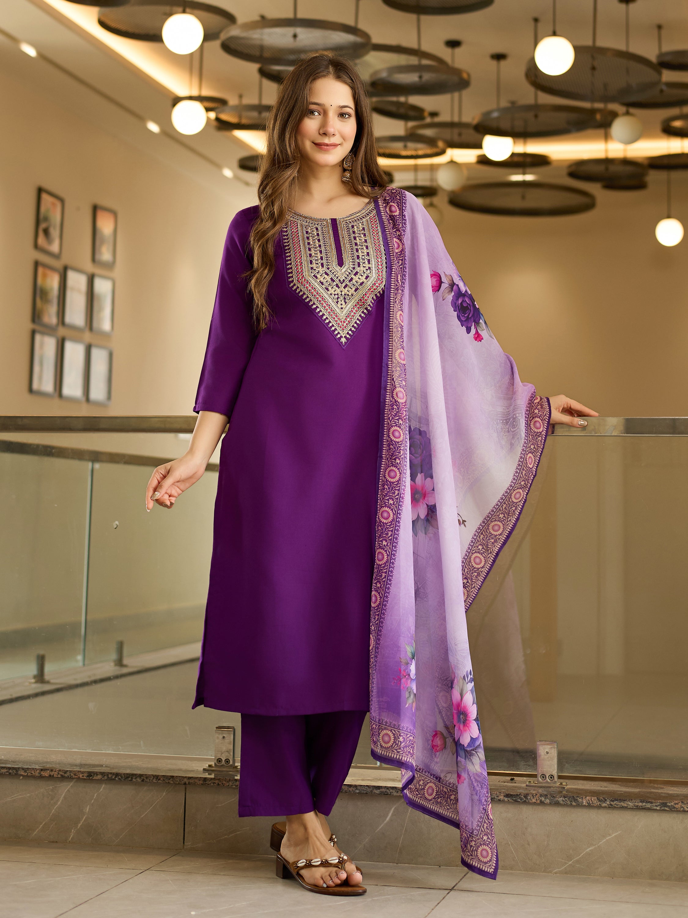 The52 Embroidered Rayon Fabric Straight Kurta, Pant and Dupatta Set