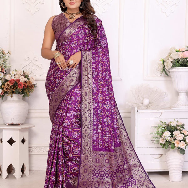Anaita Purple Soft Satin Silk Bandhej Print Saree With Kanchi Zari Weaving Border - Distacart