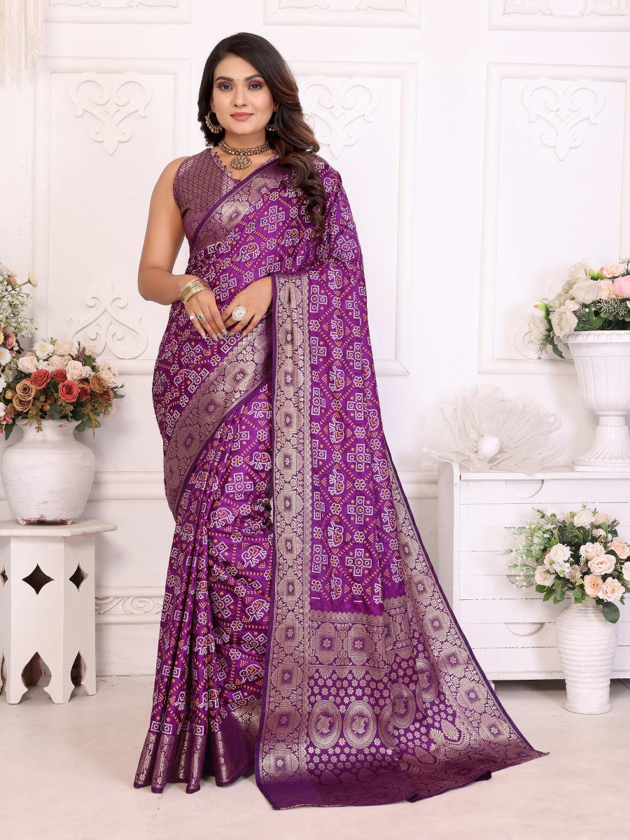 Anaita Purple Soft Satin Silk Bandhej Print Saree With Kanchi Zari Weaving Border - Distacart