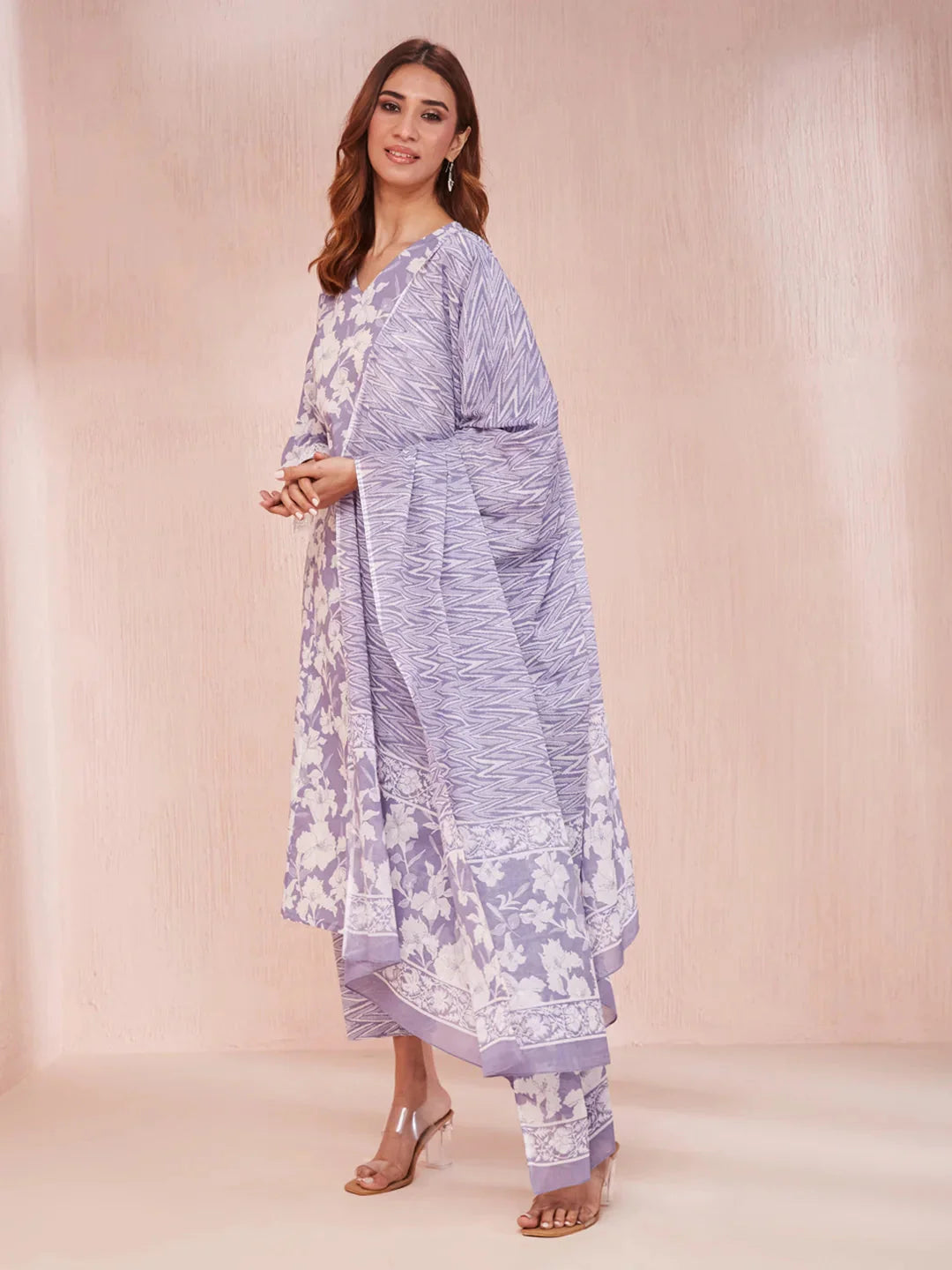 Yufta Purple And White Floral Print Lese Sleeves V-Neck Straight Kurta Trouser Set - Distacart