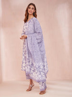 Thumbnail for Yufta Purple And White Floral Print Lese Sleeves V-Neck Straight Kurta Trouser Set - Distacart