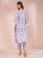 Thumbnail for Yufta Purple And White Floral Print Lese Sleeves V-Neck Straight Kurta Trouser Set - Distacart