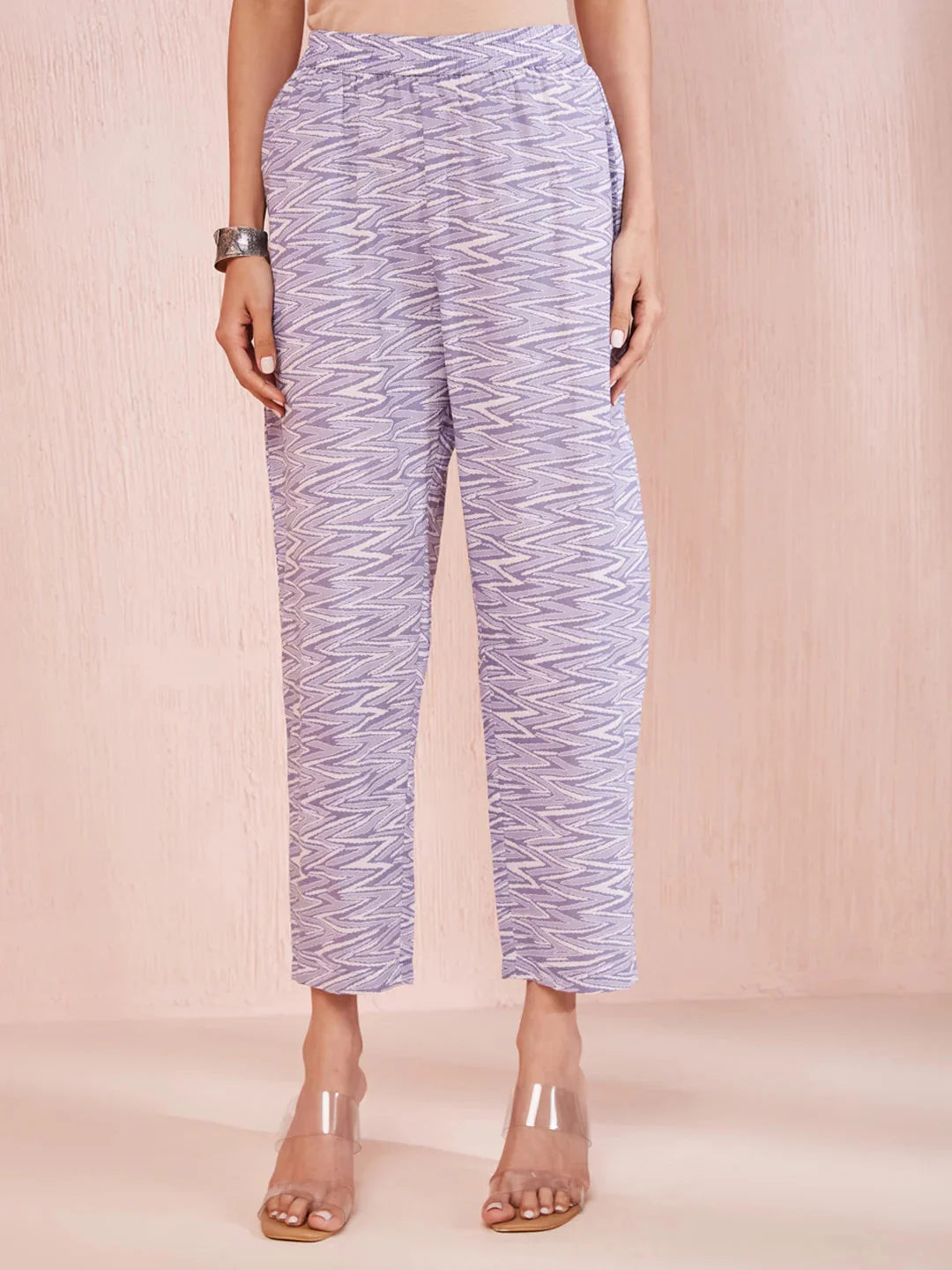 Yufta Purple And White Floral Print Lese Sleeves V-Neck Straight Kurta Trouser Set - Distacart