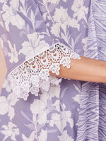 Thumbnail for Yufta Purple And White Floral Print Lese Sleeves V-Neck Straight Kurta Trouser Set - Distacart