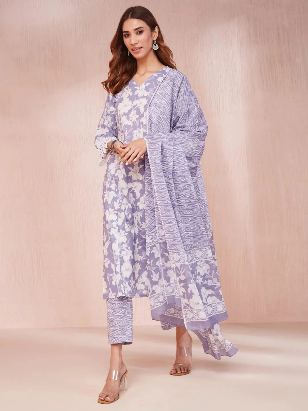 Yufta Purple And White Floral Print Lese Sleeves V-Neck Straight Kurta Trouser Set - Distacart