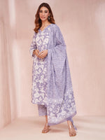 Thumbnail for Yufta Purple And White Floral Print Lese Sleeves V-Neck Straight Kurta Trouser Set - Distacart