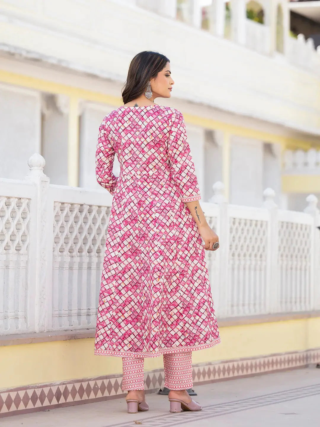 Yufta Purple Checkered Print Anarkali Kurta Trouser With Dupatta Set - Distacart