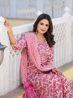 Thumbnail for Yufta Purple Checkered Print Anarkali Kurta Trouser With Dupatta Set