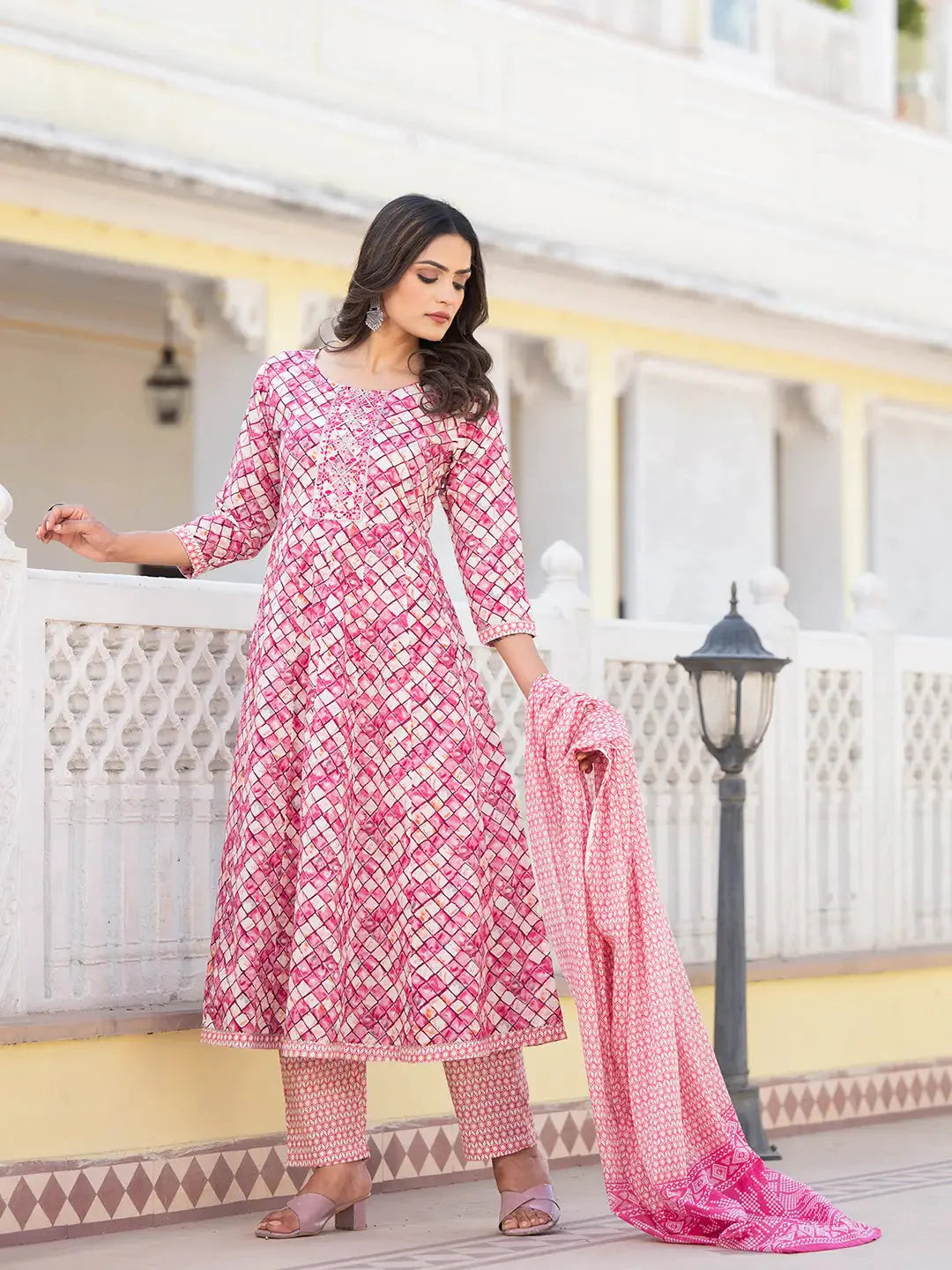 Yufta Purple Checkered Print Anarkali Kurta Trouser With Dupatta Set