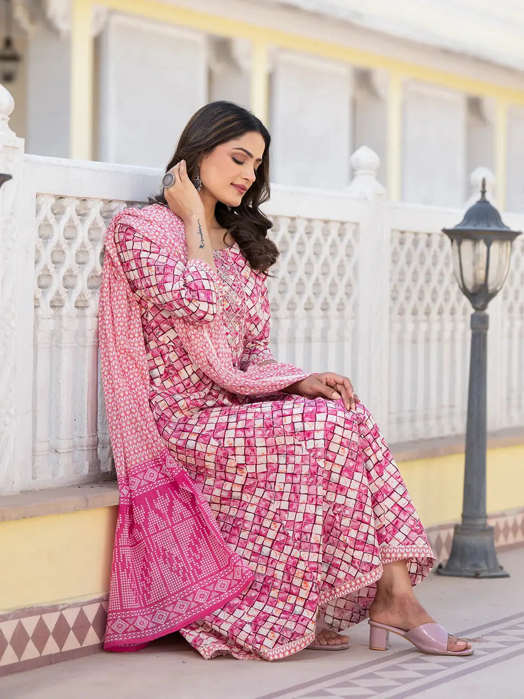 Yufta Purple Checkered Print Anarkali Kurta Trouser With Dupatta Set