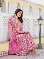 Thumbnail for Yufta Purple Checkered Print Anarkali Kurta Trouser With Dupatta Set