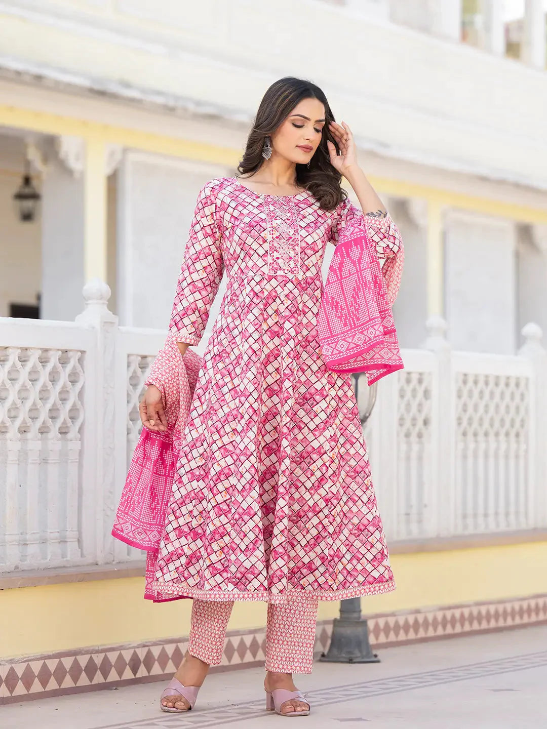 Yufta Purple Checkered Print Anarkali Kurta Trouser With Dupatta Set