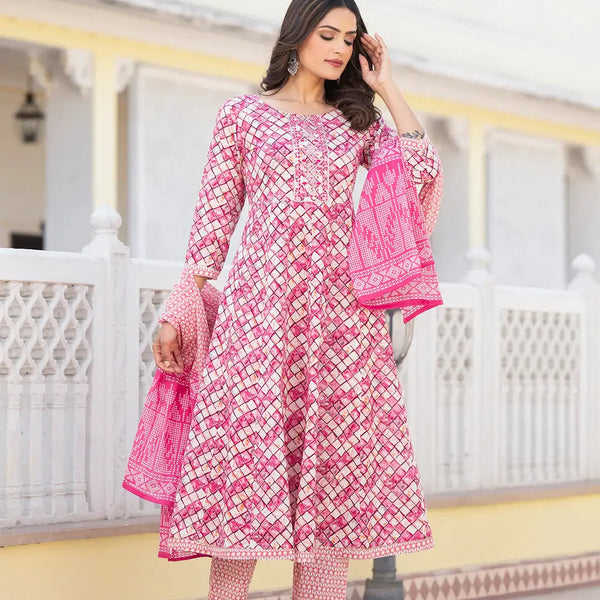 Yufta Purple Checkered Print Anarkali Kurta Trouser With Dupatta Set - Distacart