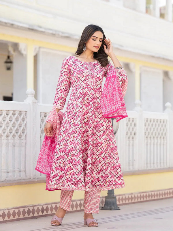 Yufta Purple Checkered Print Anarkali Kurta Trouser With Dupatta Set