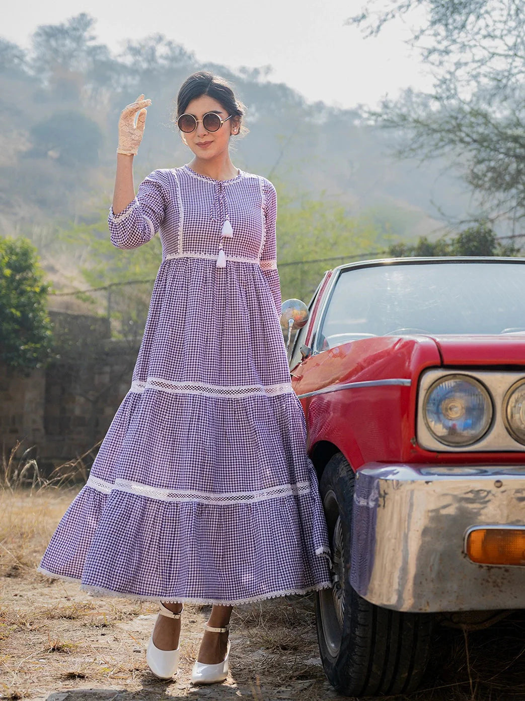 Yufta Purple Cotton Check Tiered Dress - Distacart
