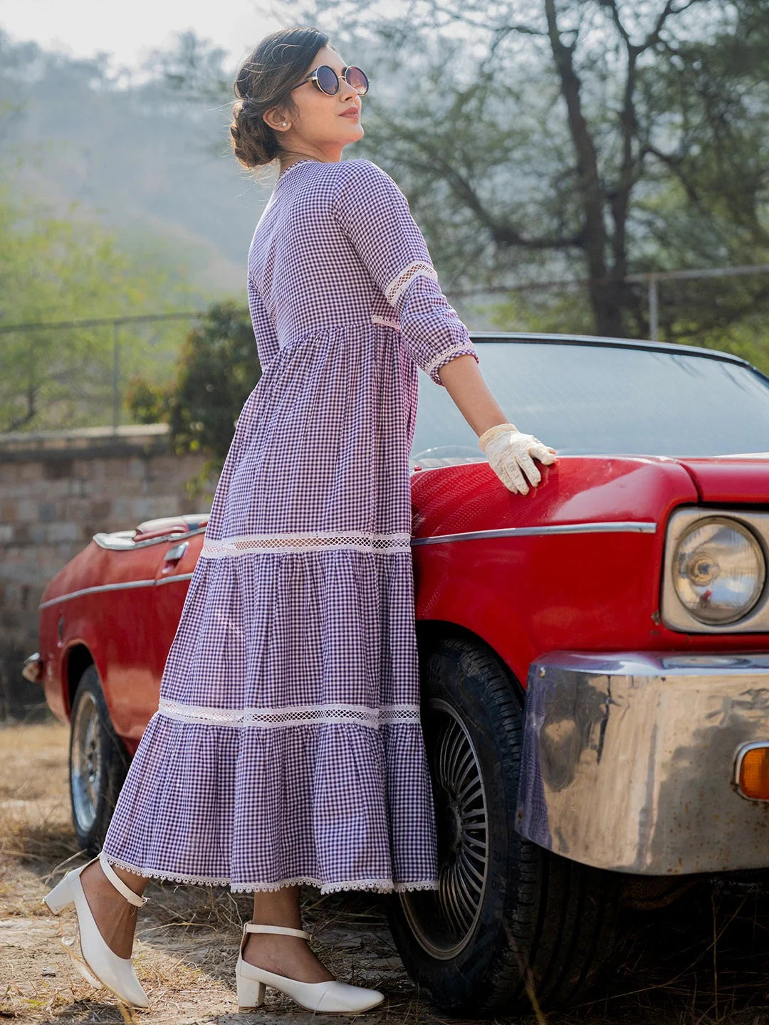Yufta Purple Cotton Check Tiered Dress - Distacart