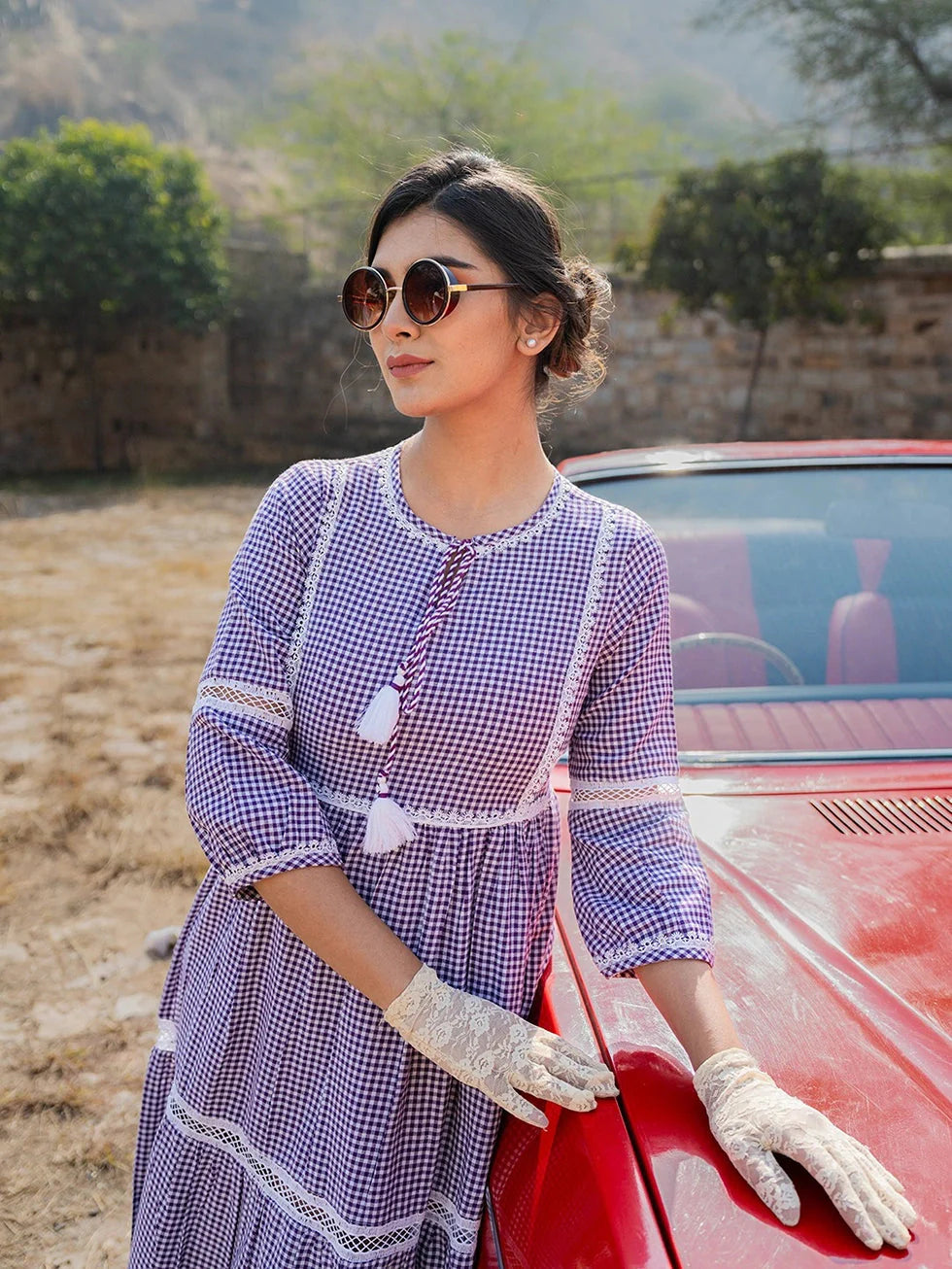 Yufta Purple Cotton Check Tiered Dress - Distacart