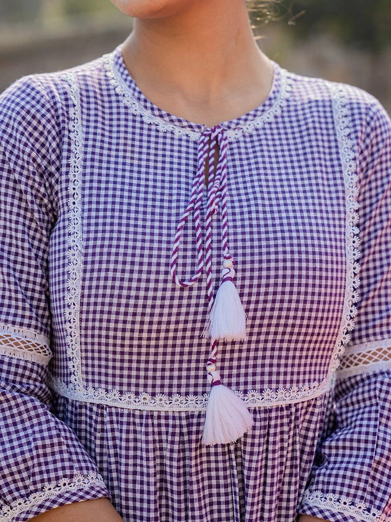 Yufta Purple Cotton Check Tiered Dress - Distacart