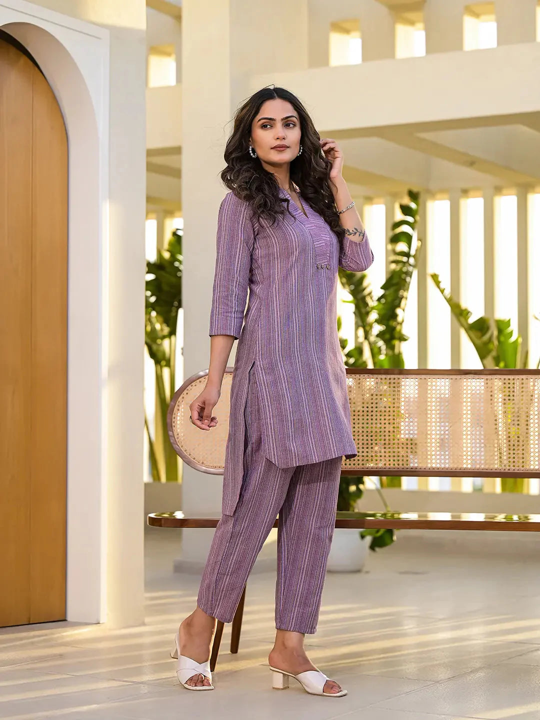 Yufta Purple Cotton Striped Print Co-Ord Set - Distacart