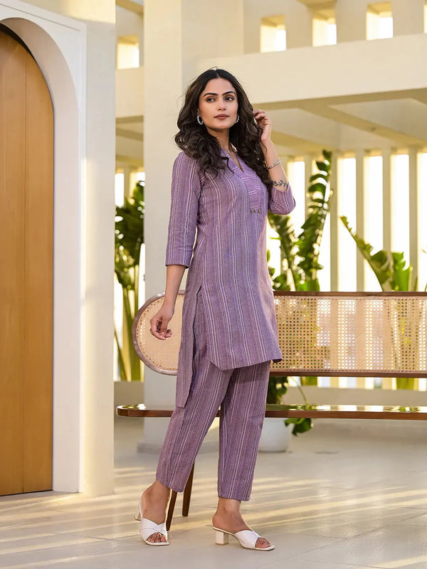 Yufta Purple Cotton Striped Print Co-Ord Set