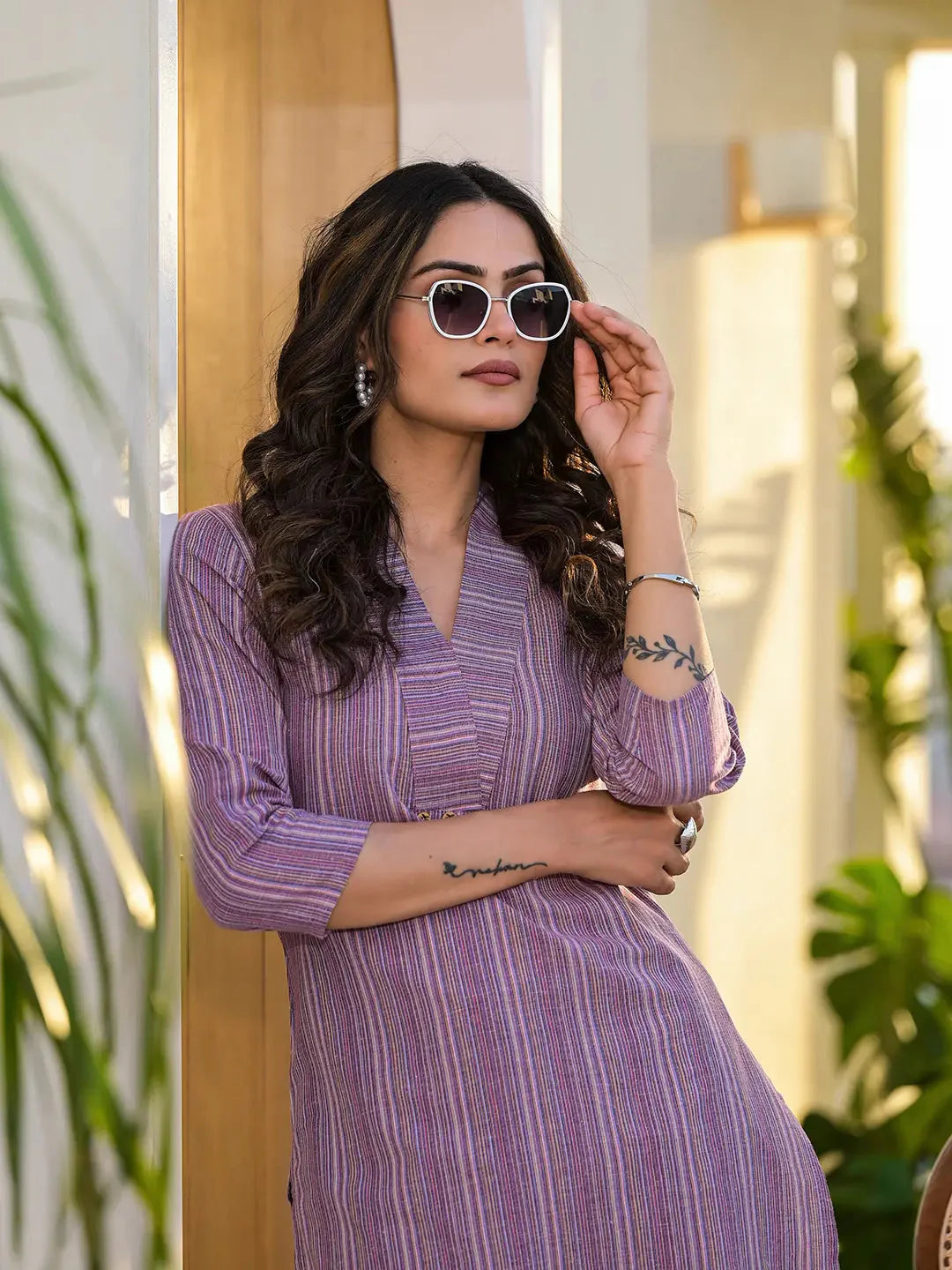 Yufta Purple Cotton Striped Print Co-Ord Set