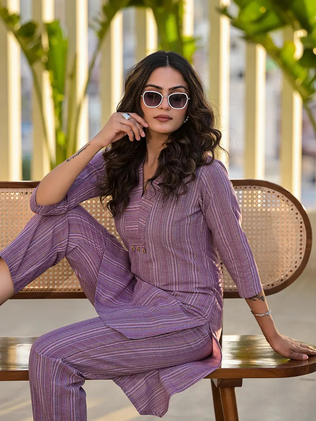 Yufta Purple Cotton Striped Print Co-Ord Set