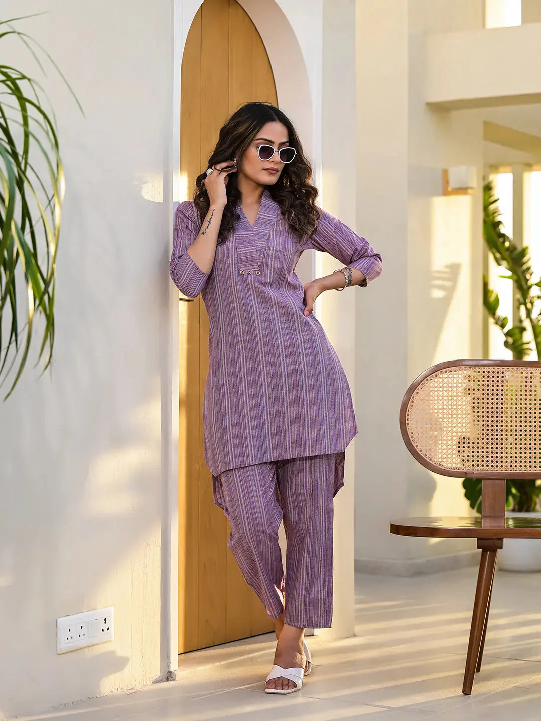 Yufta Purple Cotton Striped Print Co-Ord Set