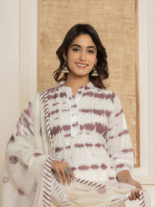 Yufta Purple Embroidery Cotton Have A Lining Kurta Trousers With Dupatta Set
