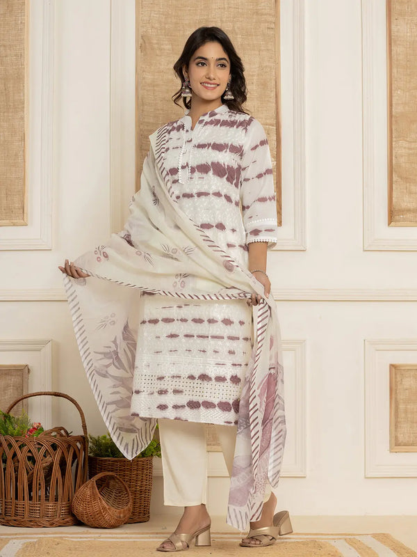 Yufta Purple Embroidery Cotton Have A Lining Kurta Trousers With Dupatta Set