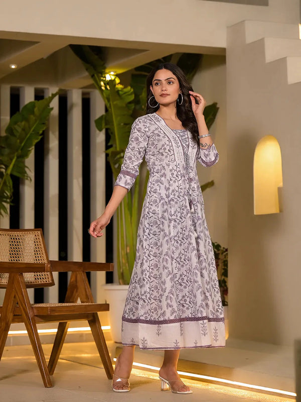 Yufta Purple Floral Print Kantha Work A-Line Dori Work Dress