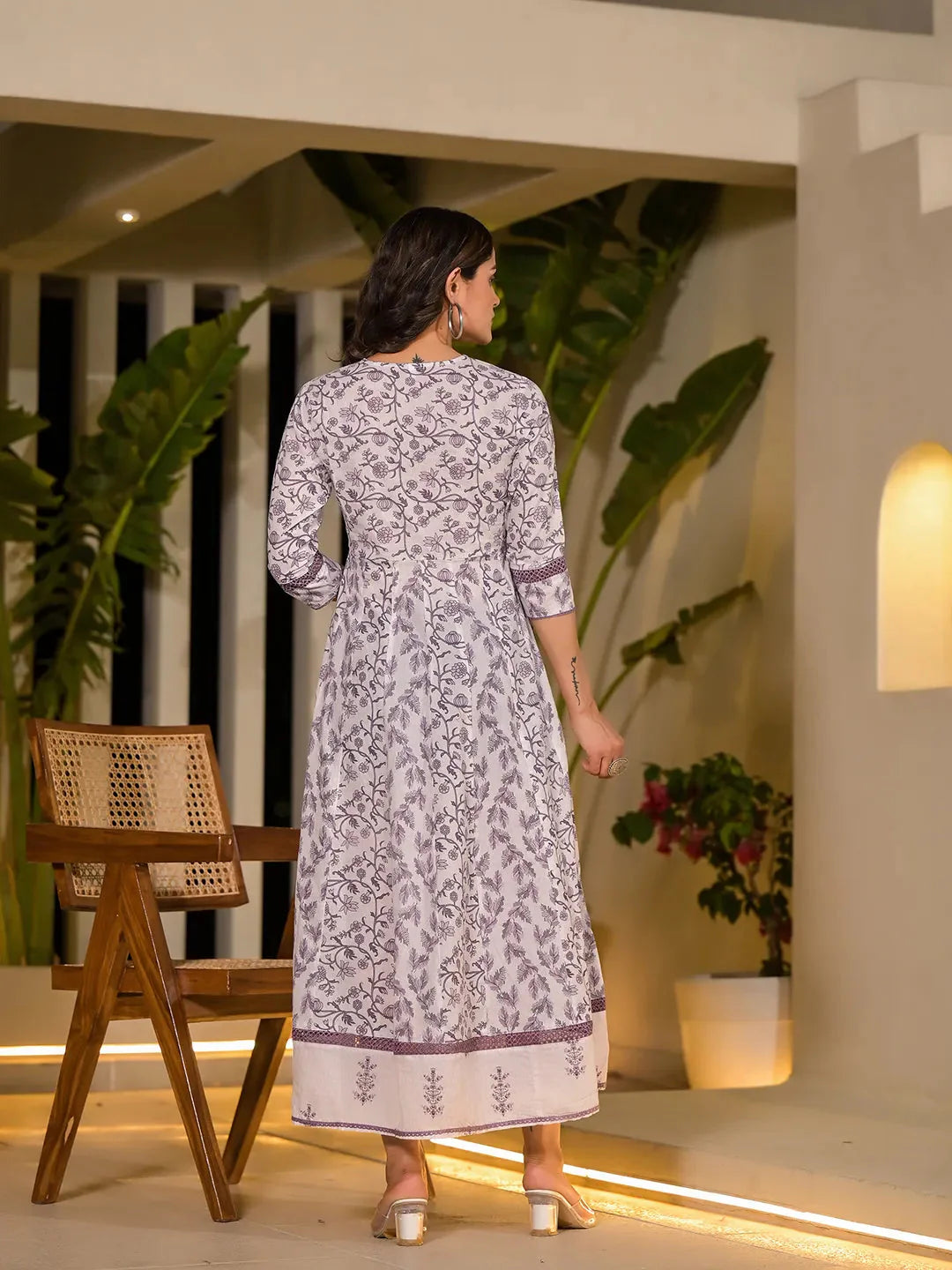 Yufta Purple Floral Print Kantha Work A-Line Dori Work Dress