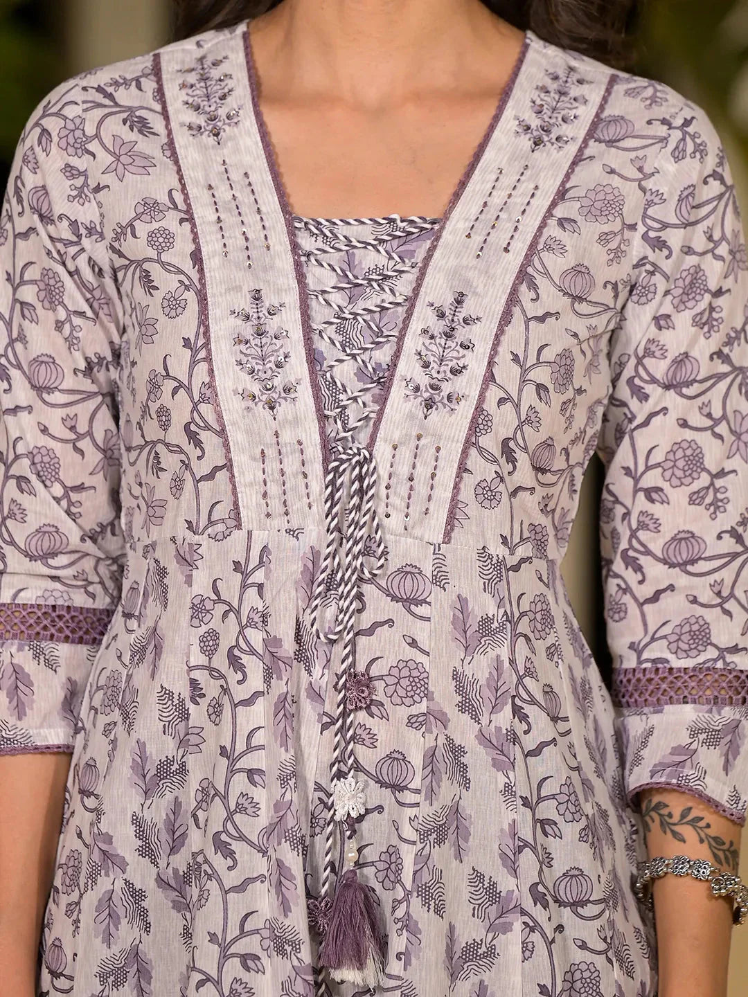 Yufta Purple Floral Print Kantha Work A-Line Dori Work Dress