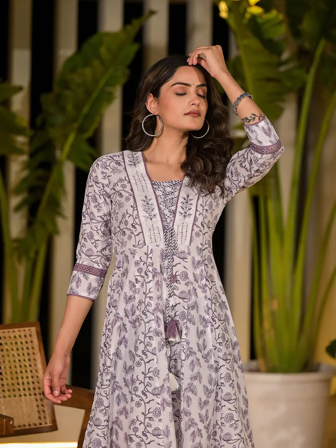 Yufta Purple Floral Print Kantha Work A-Line Dori Work Dress