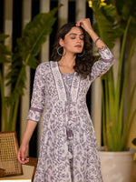Thumbnail for Yufta Purple Floral Print Kantha Work A-Line Dori Work Dress