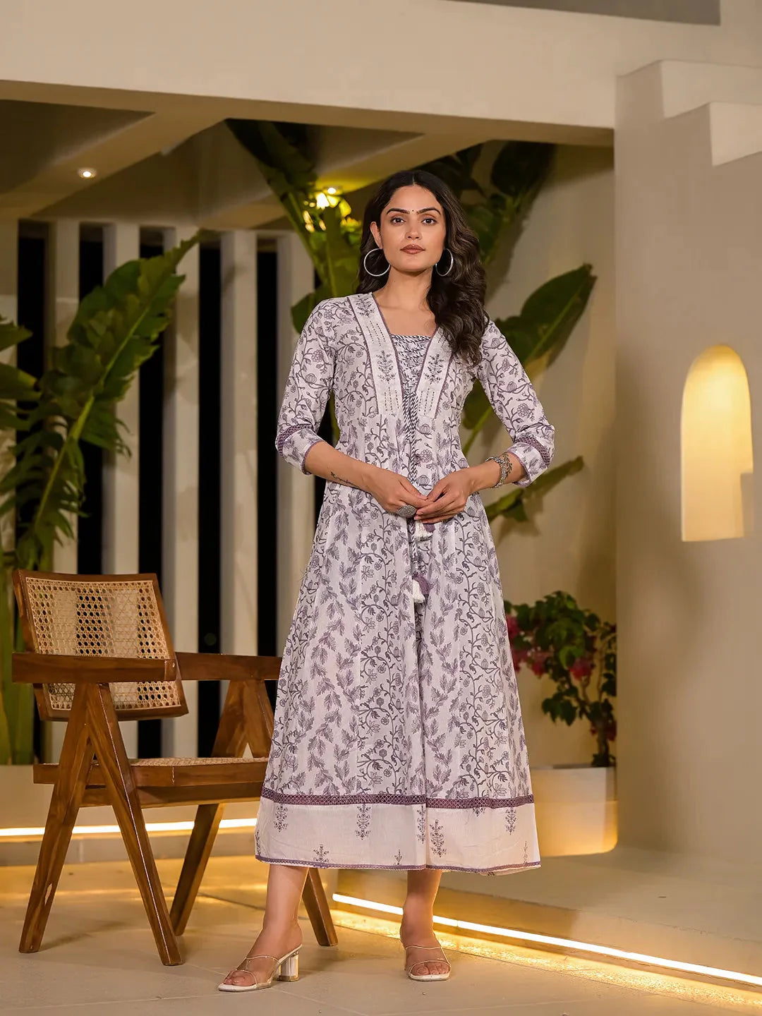 Yufta Purple Floral Print Kantha Work A-Line Dori Work Dress - Distacart