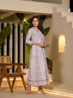 Thumbnail for Yufta Purple Floral Print Kantha Work A-Line Dress