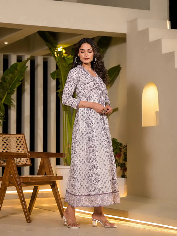 Yufta Purple Floral Print Kantha Work A-Line Dress