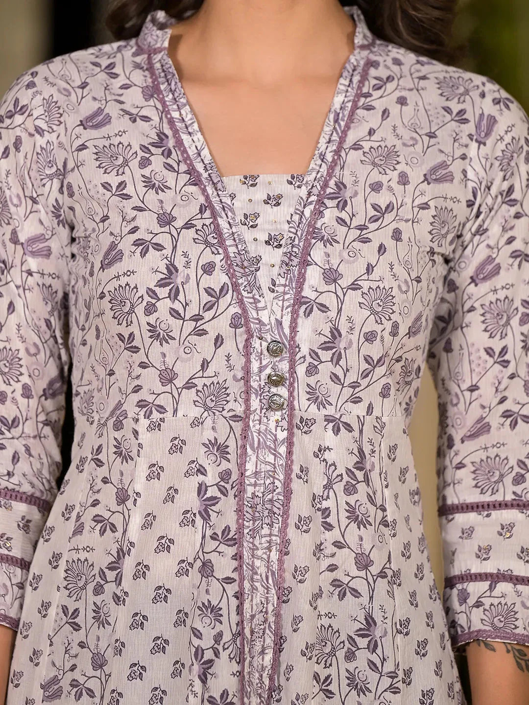 Yufta Purple Floral Print Kantha Work A-Line Dress