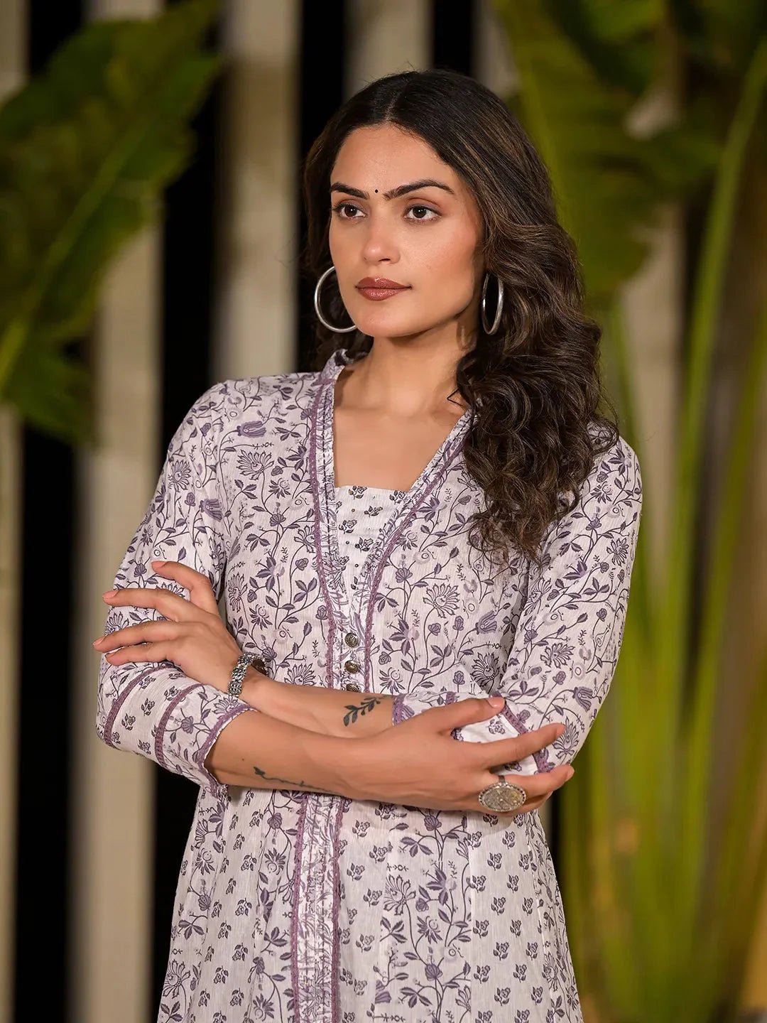Yufta Purple Floral Print Kantha Work A-Line Dress