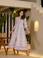 Thumbnail for Yufta Purple Floral Print Kantha Work A-Line Dress