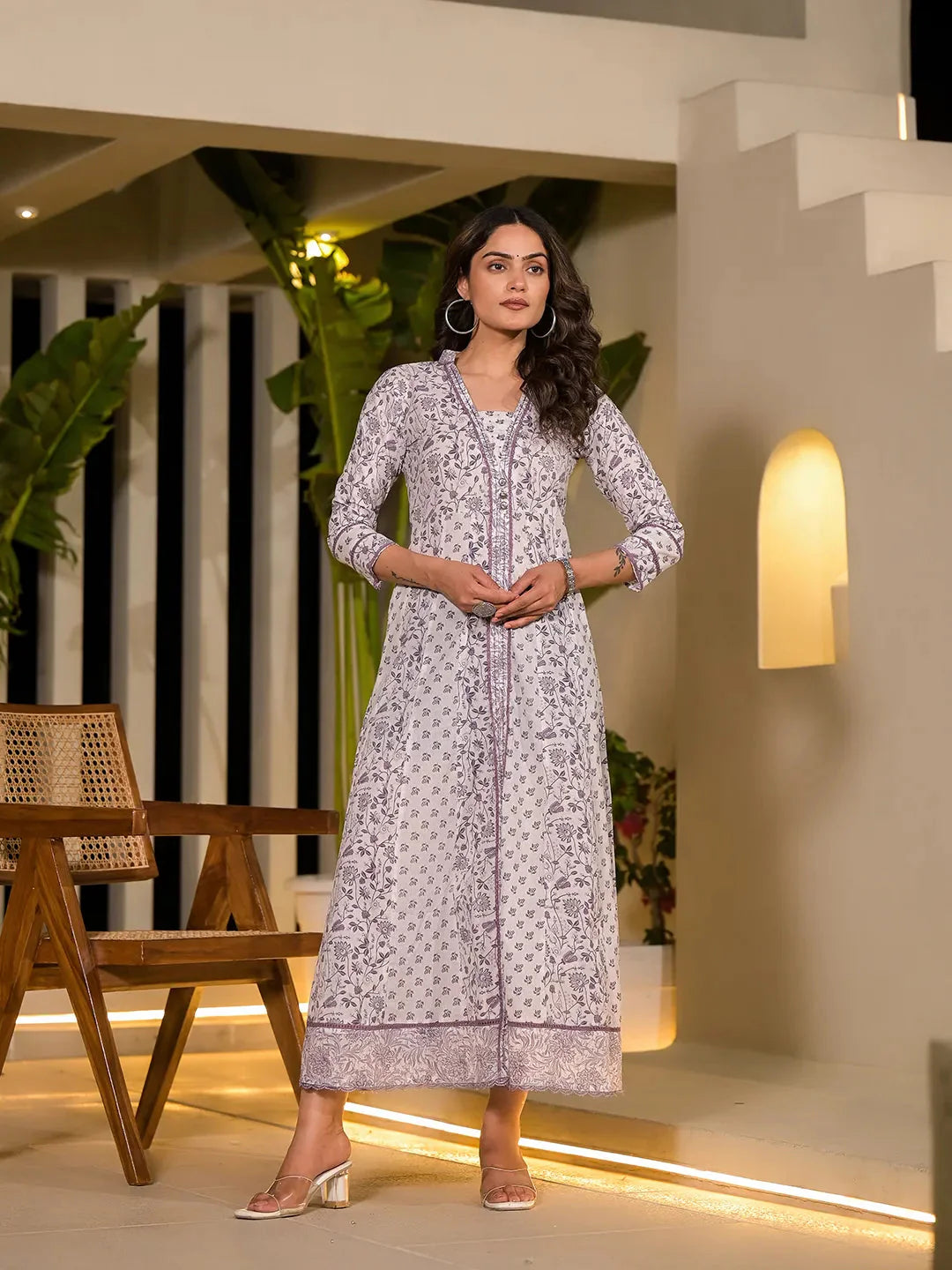 Yufta Purple Floral Print Kantha Work A-Line Dress - Distacart