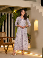 Thumbnail for Yufta Purple Floral Print Kantha Work A-Line Dress