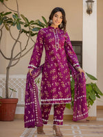 Thumbnail for Yufta Purple Floral Print Straight Pakistani Style Kurta Trouser And Dupatta Set