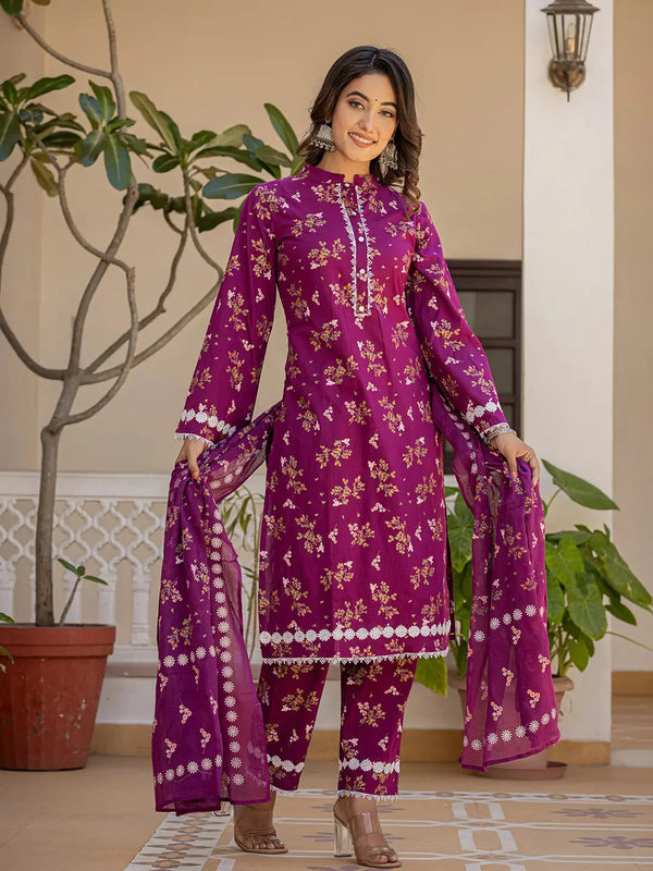 Yufta Purple Floral Print Straight Pakistani Style Kurta Trouser And Dupatta Set