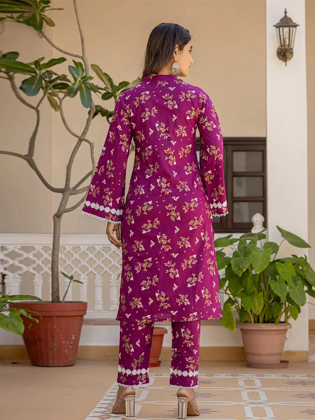 Yufta Purple Floral Print Straight Pakistani Style Kurta Trouser And Dupatta Set