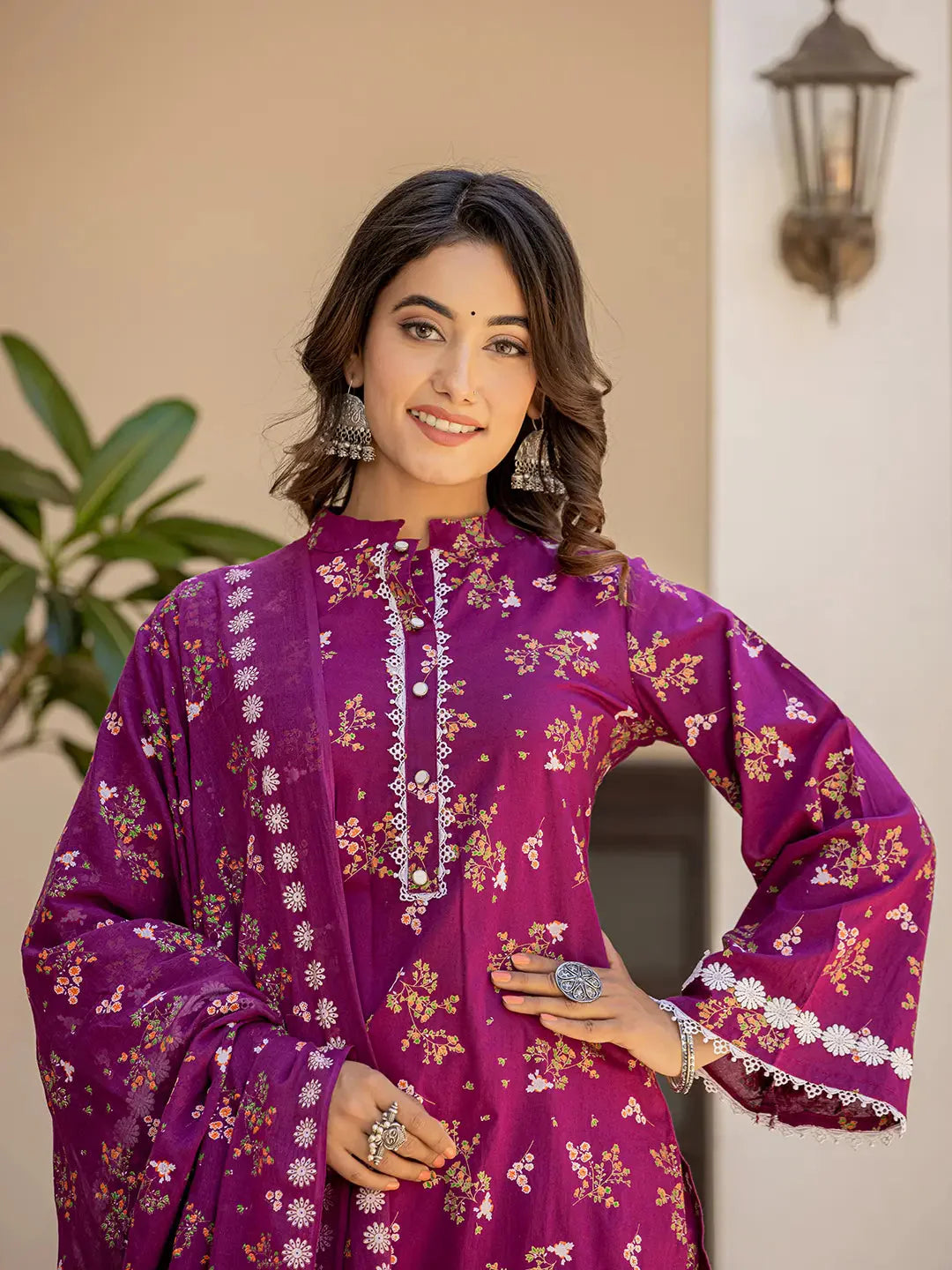 Yufta Purple Floral Print Straight Pakistani Style Kurta Trouser And Dupatta Set